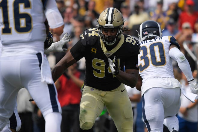 New Orleans Saints defensive end Cameron Jordan looks to sack Los Angeles Rams quarterback Jared Goff during the first half of an NFL football game Sunday, Sept. 15, 2019, in Los Angeles. (AP Photo/Mark J. Terrill)
