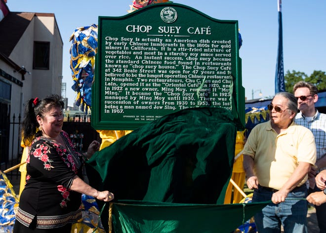 The Chop Suey Cafe historical marker is unveiled on Beale Street in Memphis on Sunday, Sept. 15, 2019.