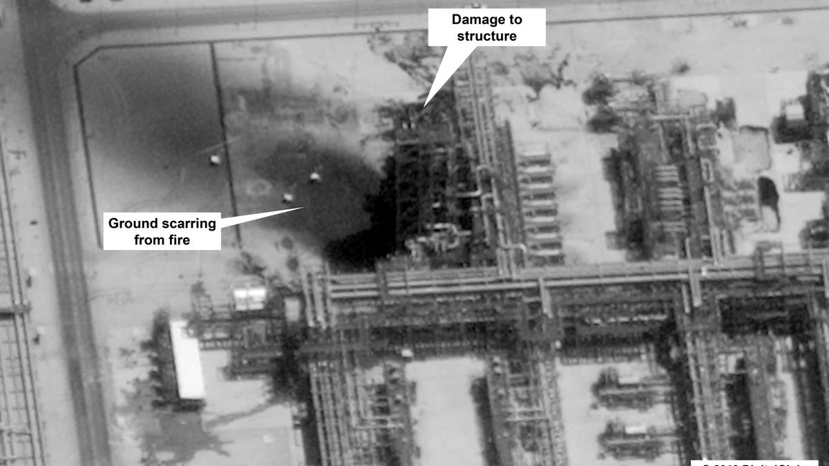 This image provided on Sept. 15, 2019, by the U.S. government and DigitalGlobe shows damage to the infrastructure at Saudi Aramco's Kuirais oil field in Buqyaq, Saudi Arabia.