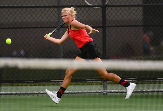 Brandon Valley tennis player Bella Schultz plays in a tennis match against Lincoln High School on Monday, September 16, 2019.