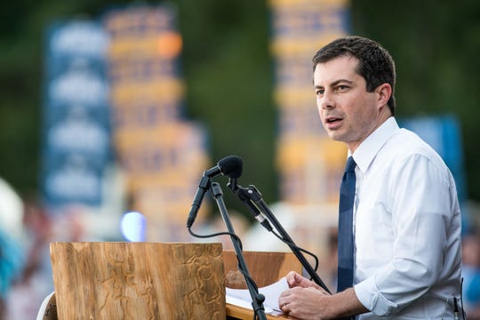 Democratic presidential candidate Pete Buttigieg addresses a crowd in Galivants Ferry, South Carolina, in September 2019.