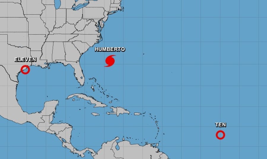Three systems -- Tropical Depression 11 near Texas, Hurricane Humberto near Bermuda, and Tropical Depression 10 are all spinning in the Atlantic Basin on Tuesday, Sept. 17, 2019.