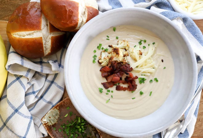 Roasted Cauliflower Soup with Gruyere and Bacon