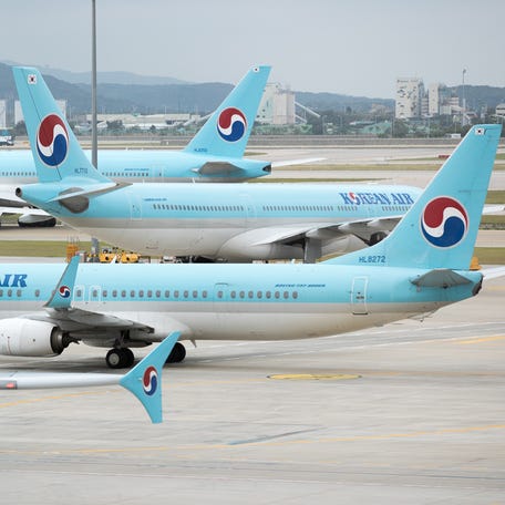Korean Air jets fill the ramp at the airline's Seoul-Incheon International Airport hub in South Korea on a cloudy day in July, 2019.