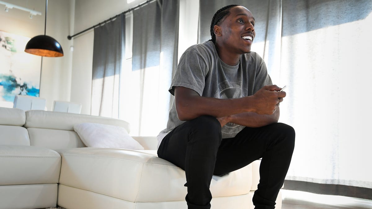Tennessee Titans cornerback Adoree' Jackson relaxes at his home Friday, Sept. 13, 2019 in Nashville, Tenn.