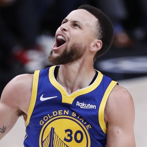 Golden State Warriors guard Steph Curry in reacts 