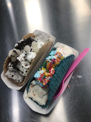 The Black Sesame and Rainbow Road ice cream tacos from Sweet Rolled Tacos in St. George.