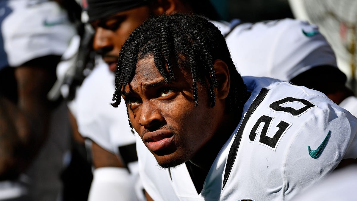 Jacksonville Jaguars cornerback Jalen Ramsey (20) sits on the sidelines  during the first half against the Miami Dolphins at Hard Rock Stadium.