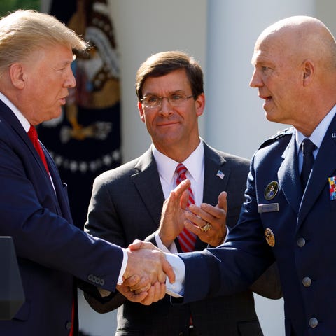 President Donald Trump, joined by Secretary of Def