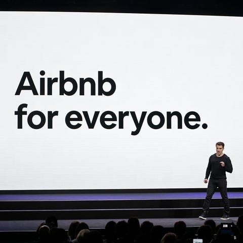 Airbnb CEO Brian Chesky gives a presentation in Fe