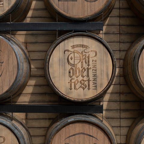 Barrels are displayed at the Samuel Adams beer gar