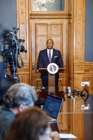 Indiana Attorney General Curtis Hill holds a press conference regarding the finding of more than 2,000 fetal remains in the Illinois home of deceased former Indiana abortion doctor,  Ulrich Klopfer, at the Indiana Statehouse on Friday, Sept. 20, 2019. 
