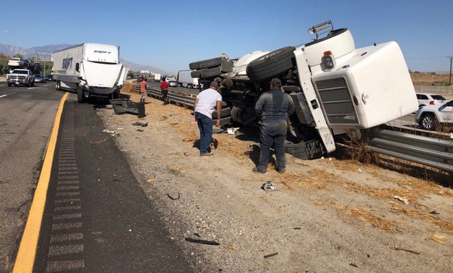 A traffic collision involving a cement truck and big rig has closed one lane of eastbound Interstate 10, near the Jefferson/Indio Boulevard offramp, for an undetermined length of time Friday morning, Sept. 20, 2019.