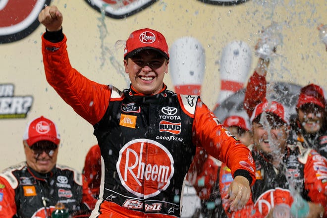 Christopher Bell celebrates his NASCAR Xfinity Series win at Richmond Raceway on Friday.