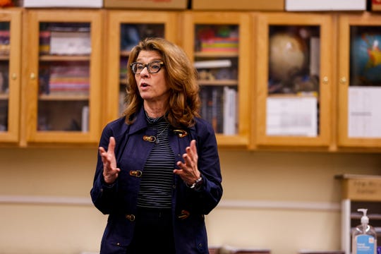 Chairwoman of the Arizona Democratic Party Felicia Rotellini addresses the resolutions committee during the Arizona Democratic Party statewide committeemen meeting at Prescott Mile High Middle School in Prescott on Saturday, Sept. 21, 2019.