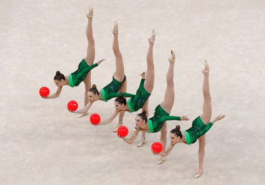 The team of Ukraine performs during the 37th Rhythmic Gymnastics World Championships, Group All-Around Final in Baku, Azerbaijan on Sept. 21, 2019.