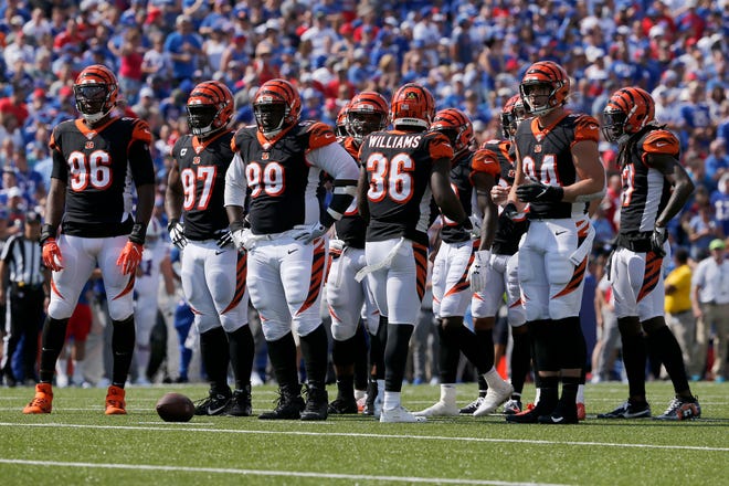 The Cincinnati Bengals defense awaits a play in the first quarter of the NFL Week 3 game between the Buffalo Bills and the Cincinnati Bengals at New Era Stadium in Buffalo, N.Y., on Sunday, Sept. 22, 2019. The Bills led 14-0 at halftime.