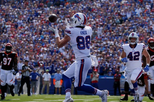 Buffalo Bills tight end Dawson Knox (88) makes a catch for a touchdown in the first quarter of the NFL Week 3 game between the Buffalo Bills and the Cincinnati Bengals at New Era Stadium in Buffalo, N.Y., on Sunday, Sept. 22, 2019. The Bills led 14-0 at halftime.