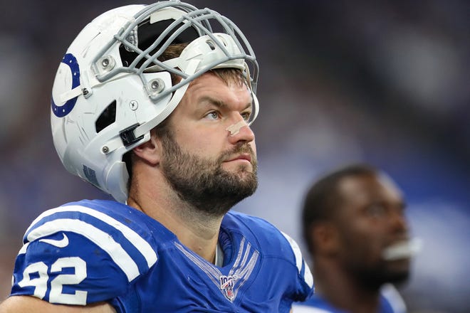 Indianapolis Colts defensive end Margus Hunt (92) in the first half of their game at Lucas Oil Stadium in Indianapolis, Sunday, Sept. 22, 2019. 