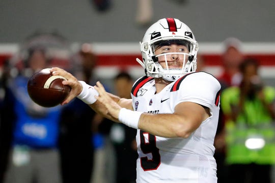 Ball State quarterback Drew Plitt (9) attempts to pass the ball during the first half of an NCAA college football game against North Carolina State in Raleigh, N.C., Saturday, Sept. 21, 2019. (AP Photo/Karl B DeBlaker)