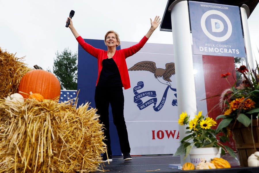Democratic presidential candidate Sen. Elizabeth Warren speaks at the Polk County Democrats Steak Fry, Saturday, Sept. 21, 2019, in Des Moines, Iowa.
