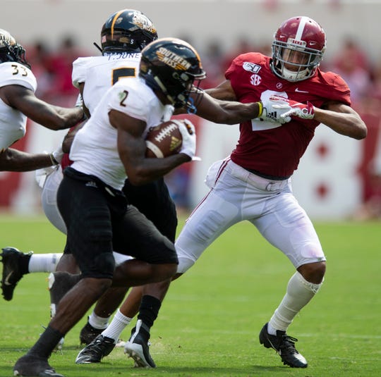 Alabama defensive back Patrick Surtain, II, (2) chases Southern Miss wide receiver Jaylond Adams (2) at Bryant-Denny Stadium in Tuscaloosa, Ala., on Saturday September 21, 2019.