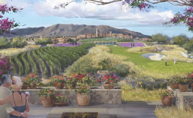 A rendering of the proposed Villages at Vigneto development shows a view of the golf course and vineyards, with its town square in the distance.