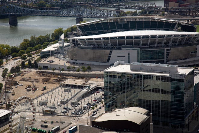 Paul Brown Stadium and the future riverfront concert venue site as seen from the top of the Great American Tower in downtown Cincinnati on Tuesday, Sept. 24, 2019.