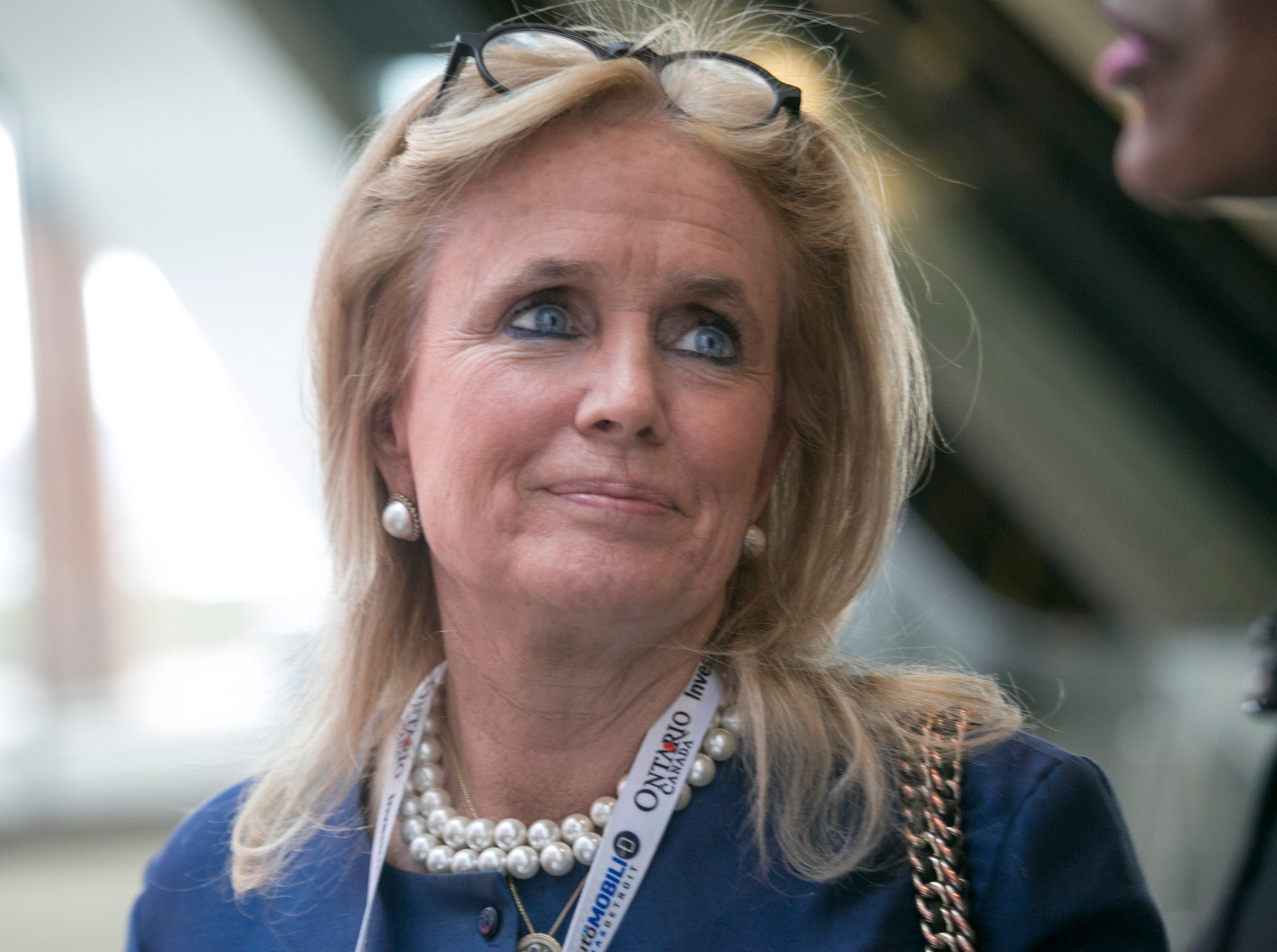 U.S. Representative Debbie Dingell (MI-12) speaks to reporters at the 2018 North American International Auto Show at Cobo Center. in Detroit, Sunday, January 14, 2018.