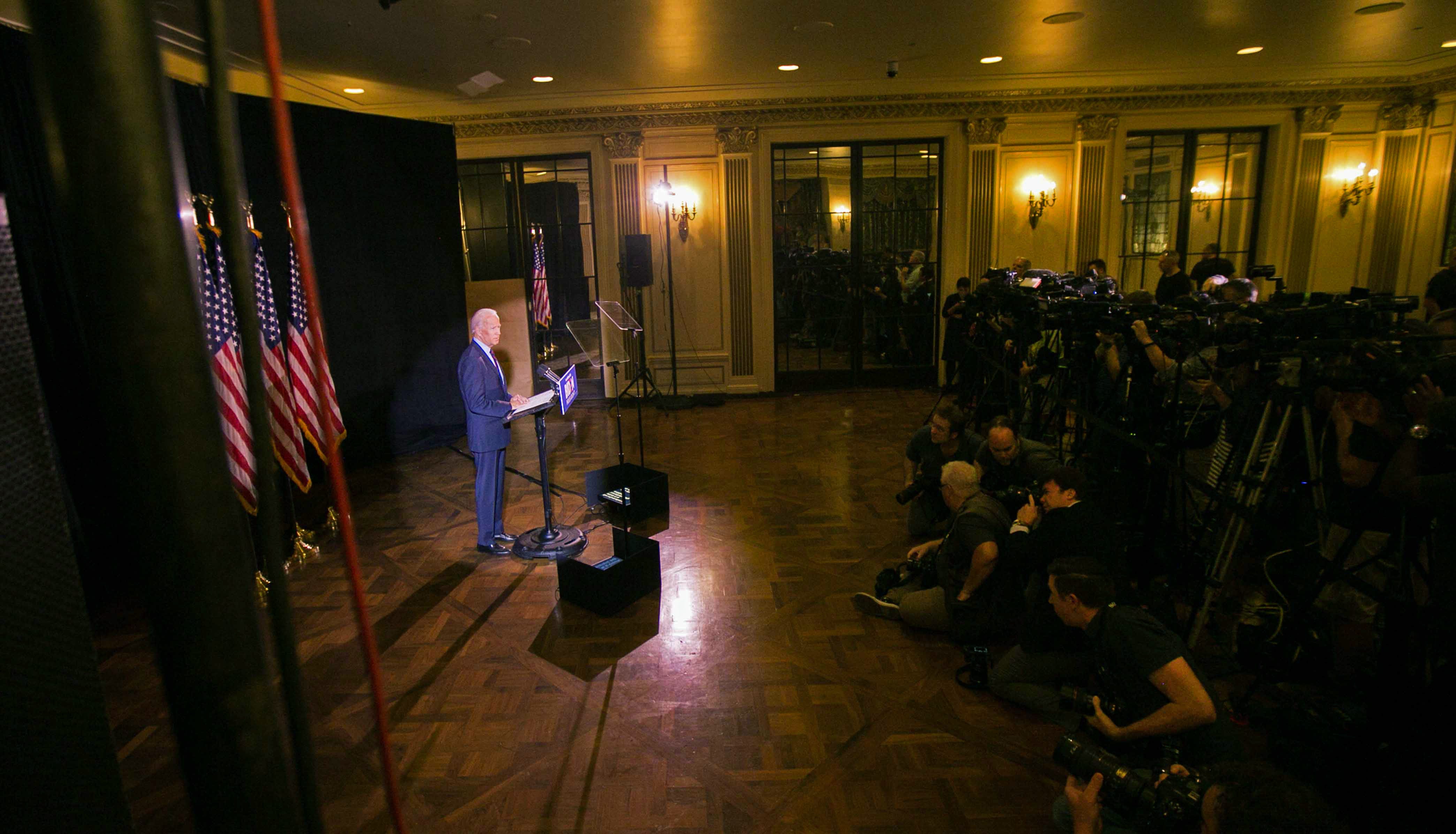 Joe Biden delivers a statement at the Hotel du Pont in Wilmington on Tuesday, where he called for Congress to impeach President Donald Trump.