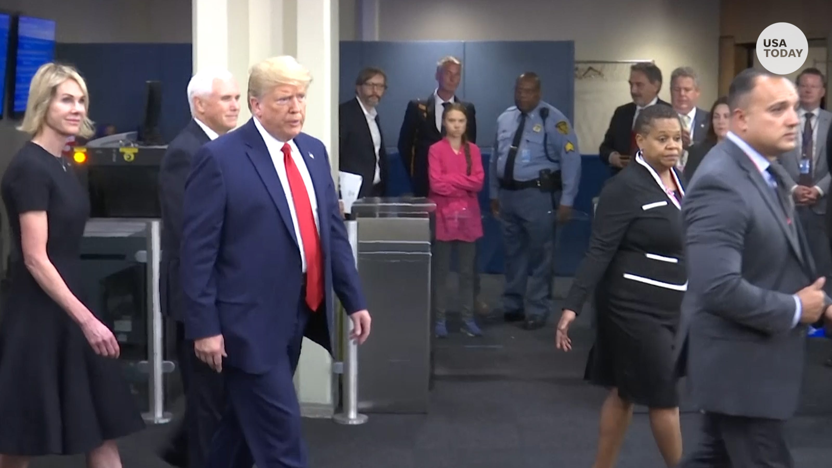 Climate activist Greta Thunberg stares down President Trump as he