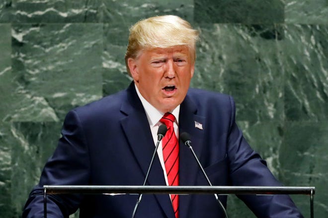 President Donald Trump addresses the 74th session of the United Nations General Assembly, Tuesday, Sept. 24, 2019.