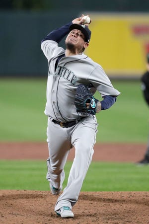 Seattle Mariners starting pitcher Felix Hernandez throws to a Baltimore Orioles batter during the second inning of a baseball game, Friday, Sept. 20, 2019, in Baltimore.