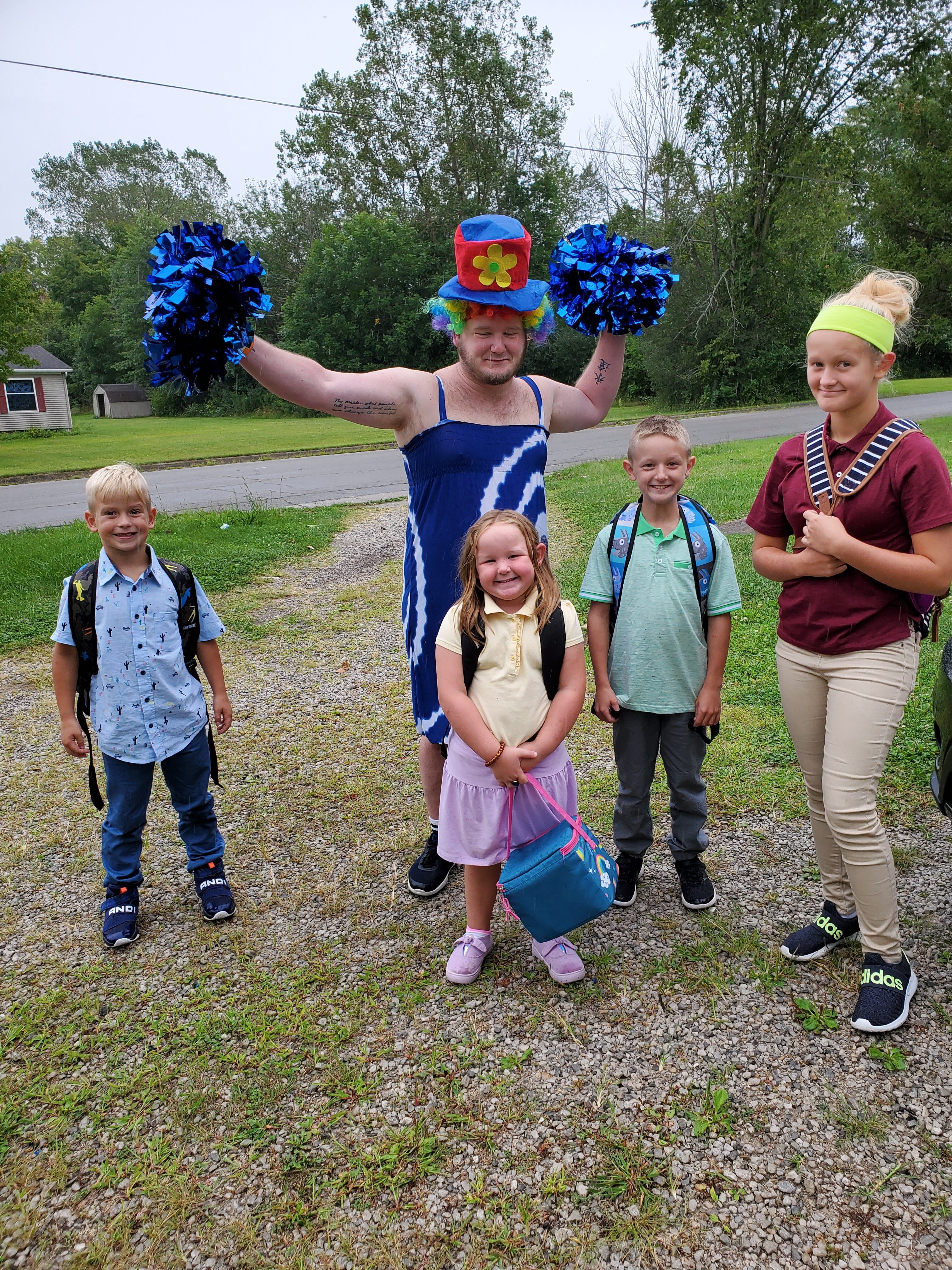 B Lavene meets the school bus in front of his Crestline home every Monday afternoon wearing a different silly outfit. A video of the greetings has gone viral online, with more than 8 million views.