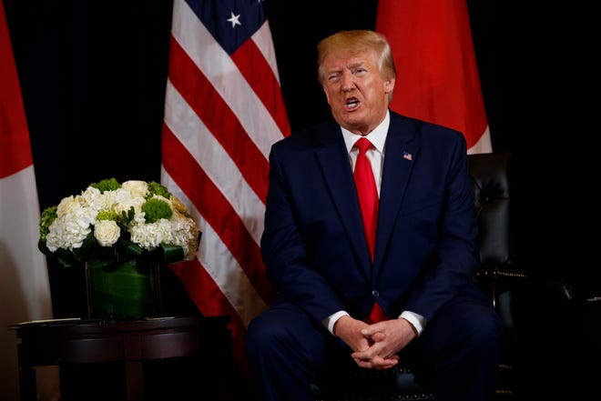 President Donald Trump speaks during a meeting with Japanese Prime Minister Shinzo Abe at the InterContinental Barclay New York hotel during the United Nations General Assembly, Wednesday, Sept. 25, 2019, in New York.