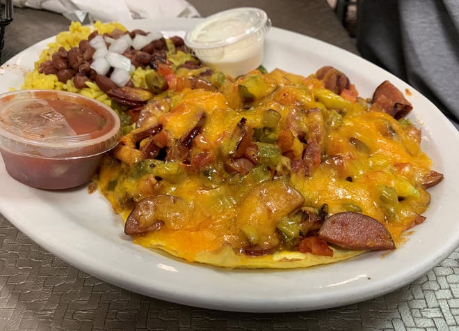 The andouille scramble from Hoot's.