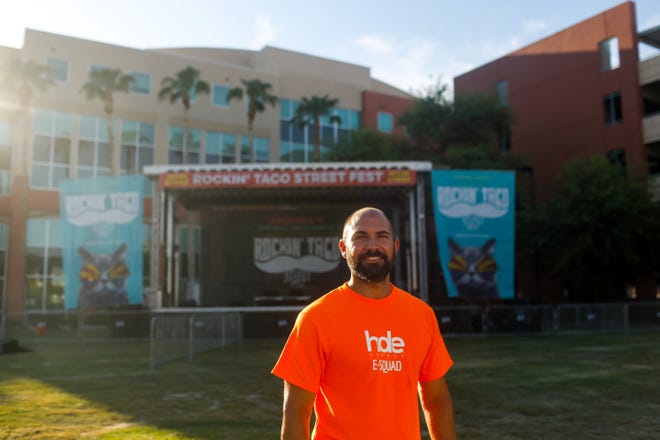 Landon Evans, owner of special events coordinator HDE Agency, poses for a portrait on the site of the Rockin' Taco Street Festival Friday, September 13, 2019 in Chandler.