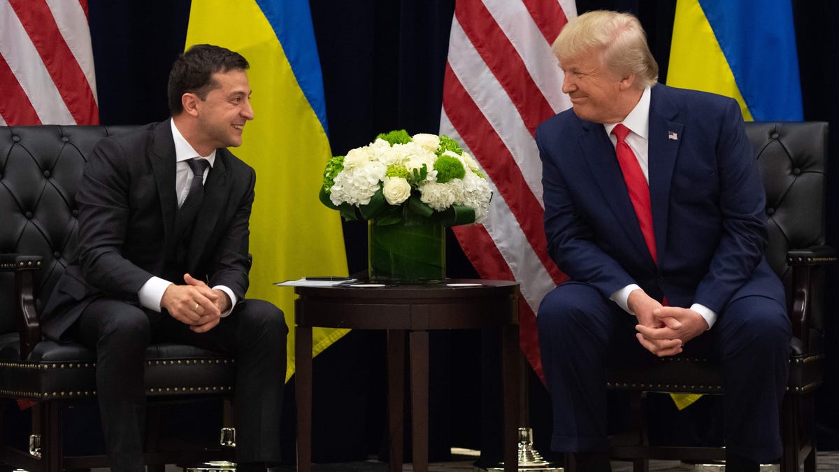 US President Donald Trump and Ukrainian President Volodymyr Zelensky speak during a meeting in New York on September 25, 2019, on the sidelines of the United Nations General Assembly.