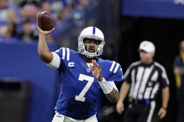 Colts quarterback Jacoby Brissett is fourth among AFC starters in rating (112.0) and interceptions (one).