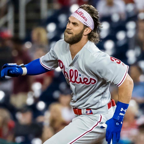 Phillies right fielder Bryce Harper doubles agains