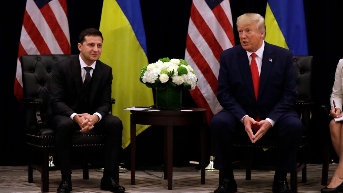 President Donald Trump meets with Ukrainian President Volodymyr Zelenskiy at the InterContinental Barclay New York hotel during the United Nations General Assembly, Wednesday, Sept. 25, 2019, in New York. (AP Photo/Evan Vucci) ORG XMIT: NYEV874