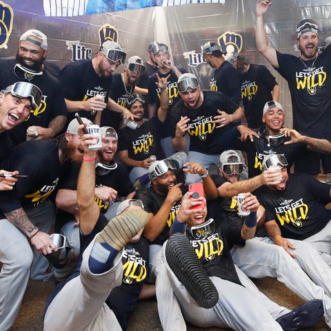 The Brewers celebrate their playoff berth.