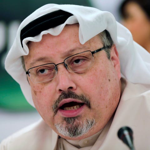 Saudi journalist Jamal Khashoggi speaks during a p