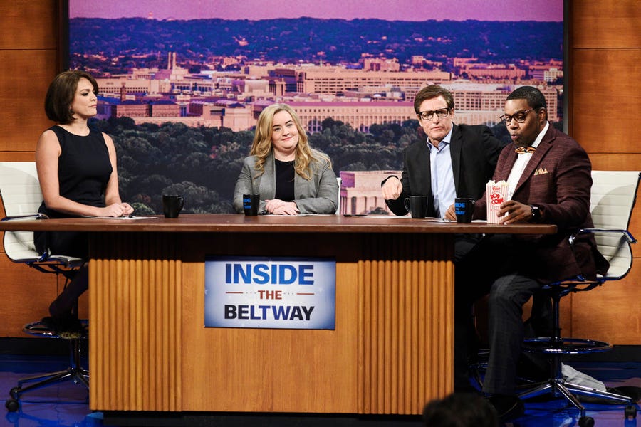 Cecily Strong (from left) as Connie Brasheres, Aidy Bryant as Denise Craw, host Woody Harrelson as Walter Dale, and Kenan Thompson as Quincy Maddox during SNL's "Inside The Beltway" sketch on Sept. 28, 2019.