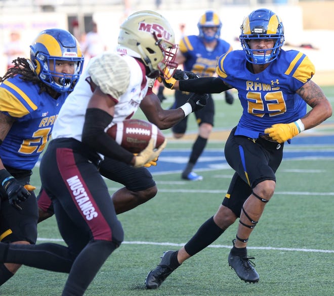 Angelo State University's Donavyn Jackson (left) and Devin Washington helped the Rams upset No. 15 Midwestern State University 28-6 in a Lone Star Conference game at LeGrand Stadium at 1st Community Credit Union Field Saturday, Sept. 28, 2019.