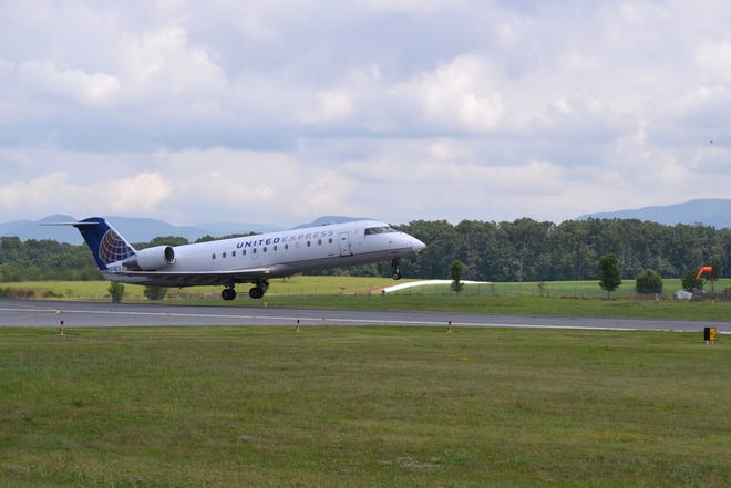 A United Express plane at Shenandoah Valley Regional Airport.