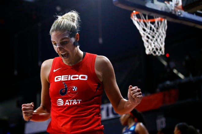 Washington Mystics forward Elena Delle Donne reacts after getting fouled while scoring in the second half of Game 1 of the WNBA Finals on Sept. 29, 2019.