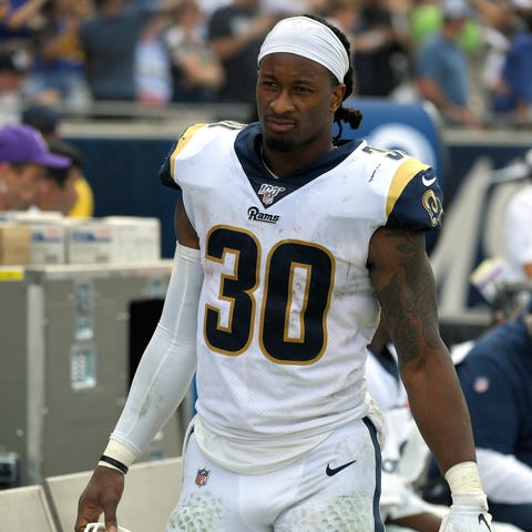 Los Angeles Rams running back Todd Gurley walks th