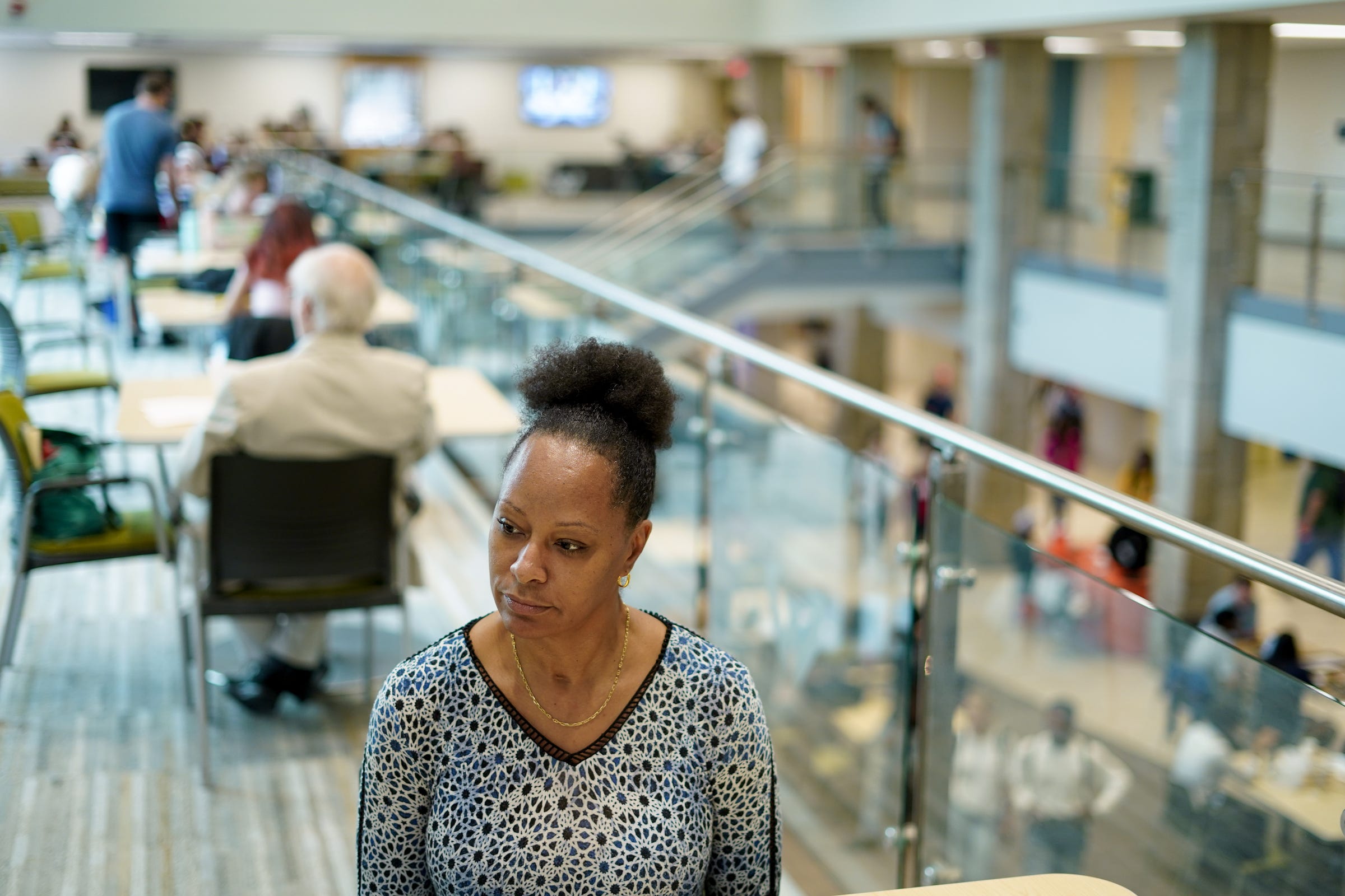 Wayne State University student Staci Irvin of Detroit talks about her concerns with student loans at the Wayne State University Student Center in Detroit on Wednesday, Sept. 4, 2019.