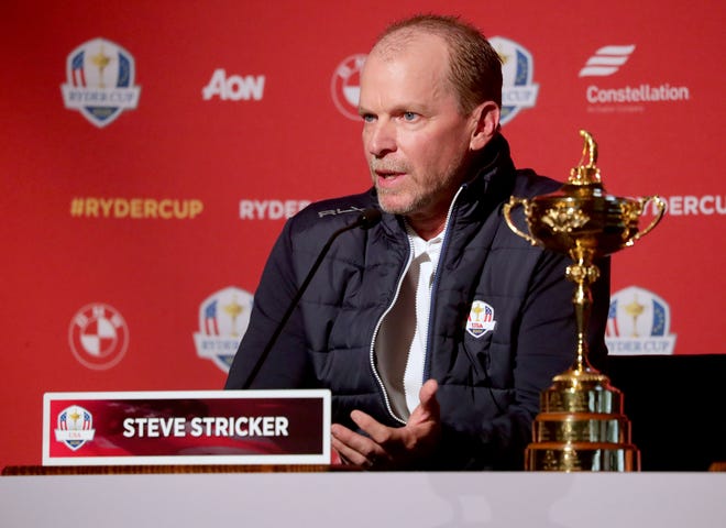 U.S. team captain Steve Stricker speaks during the 2020 Ryder Cup Year-to-Go press conference at Whistling Strait.